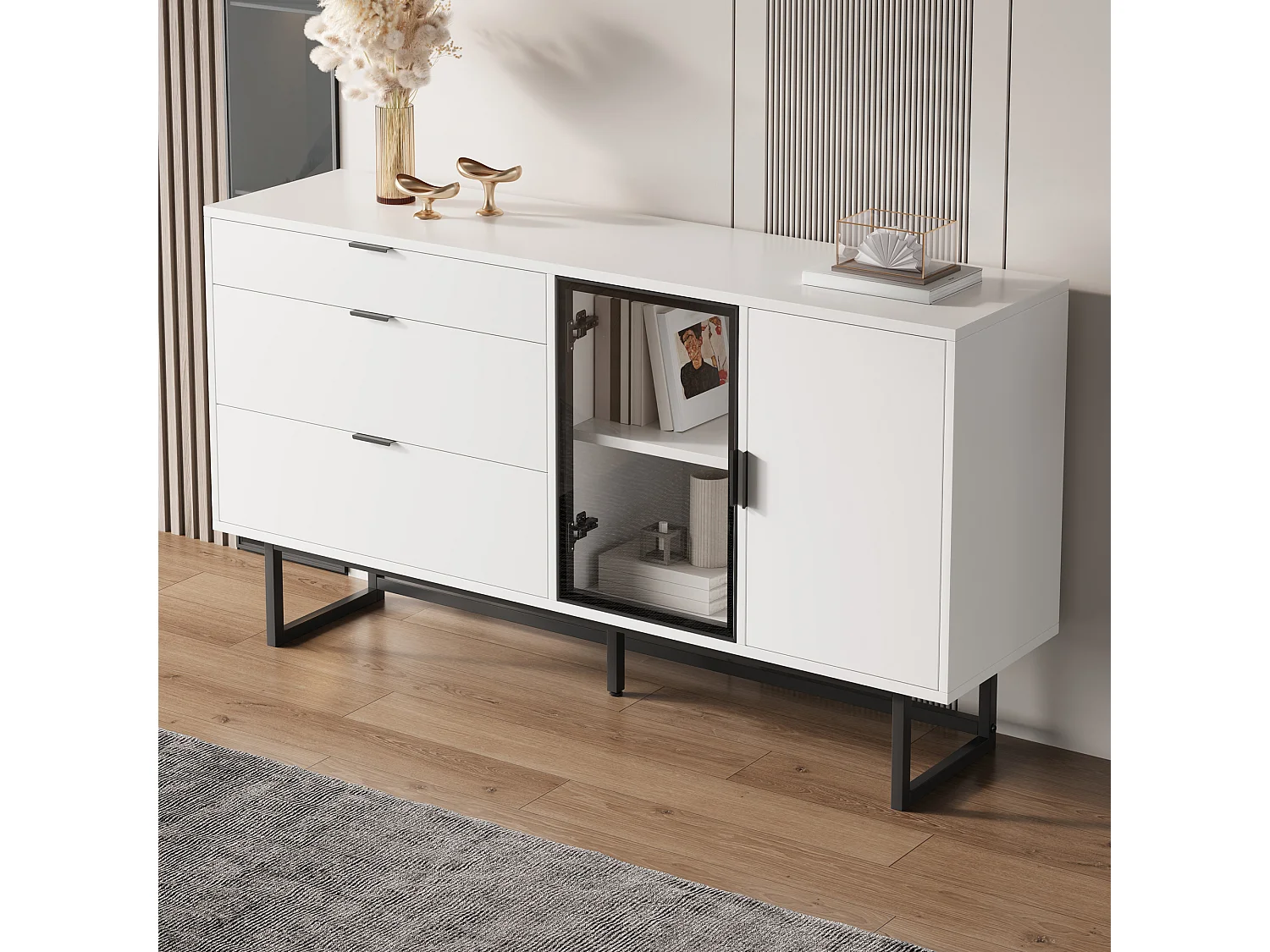 Buffet moderne et luxueux - 160 x 36 x 78 cm - avec 3 tiroirs + portes vitrées + Leds - MDF + aggloméré - blanc