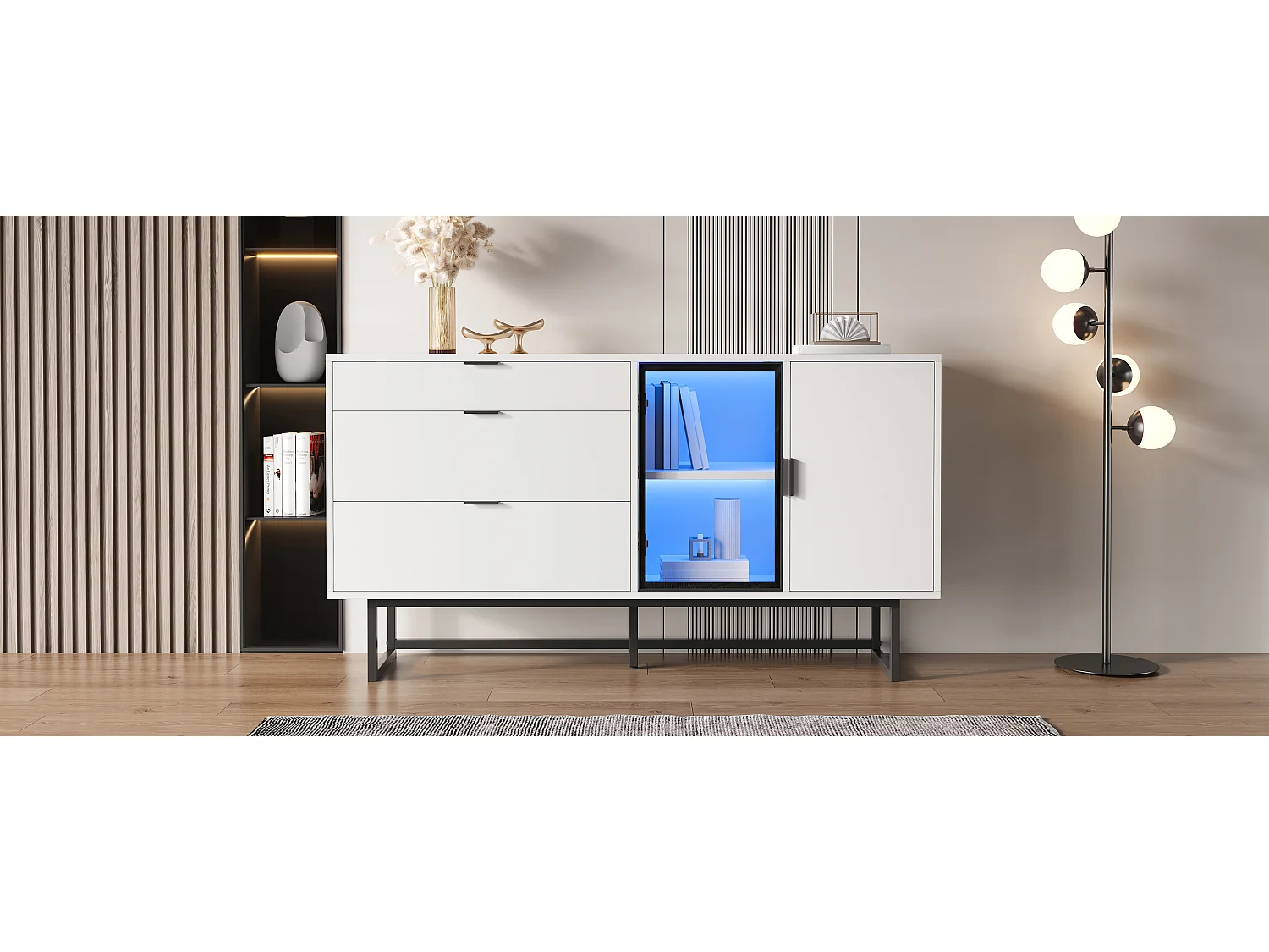 Buffet moderne et luxueux - 160 x 36 x 78 cm - avec 3 tiroirs + portes vitrées + Leds - MDF + aggloméré - blanc