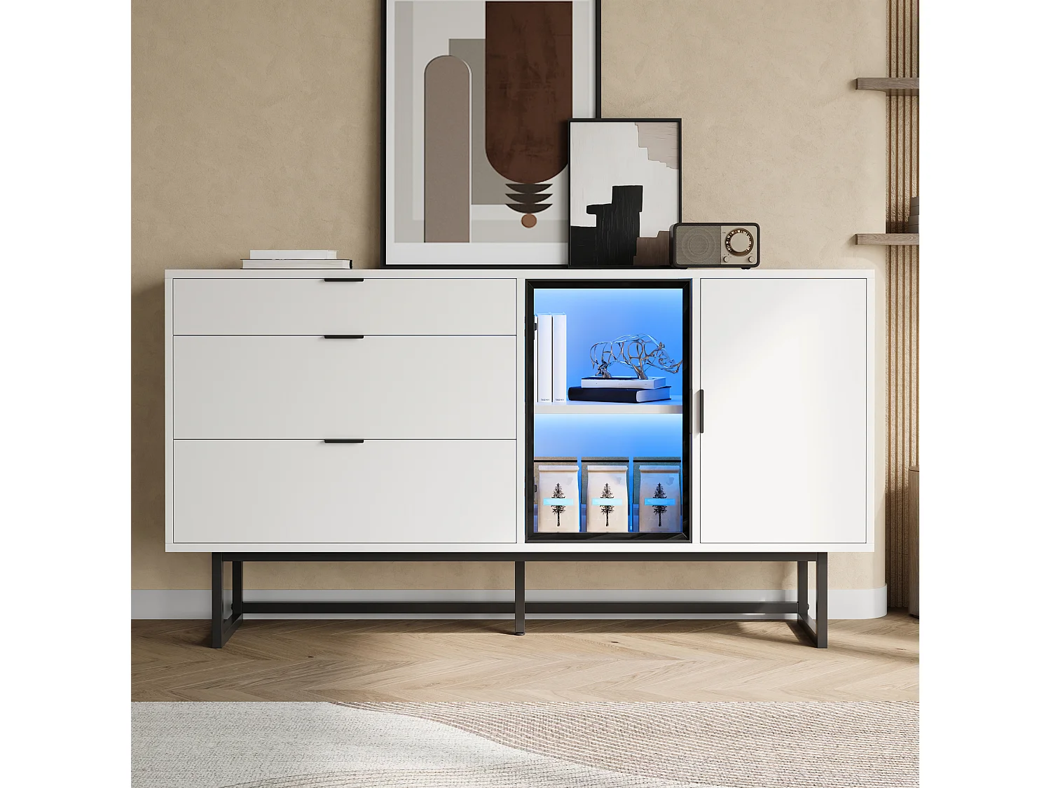 Buffet moderne et luxueux - 160 x 36 x 78 cm - avec 3 tiroirs + portes vitrées + Leds - MDF + aggloméré - blanc