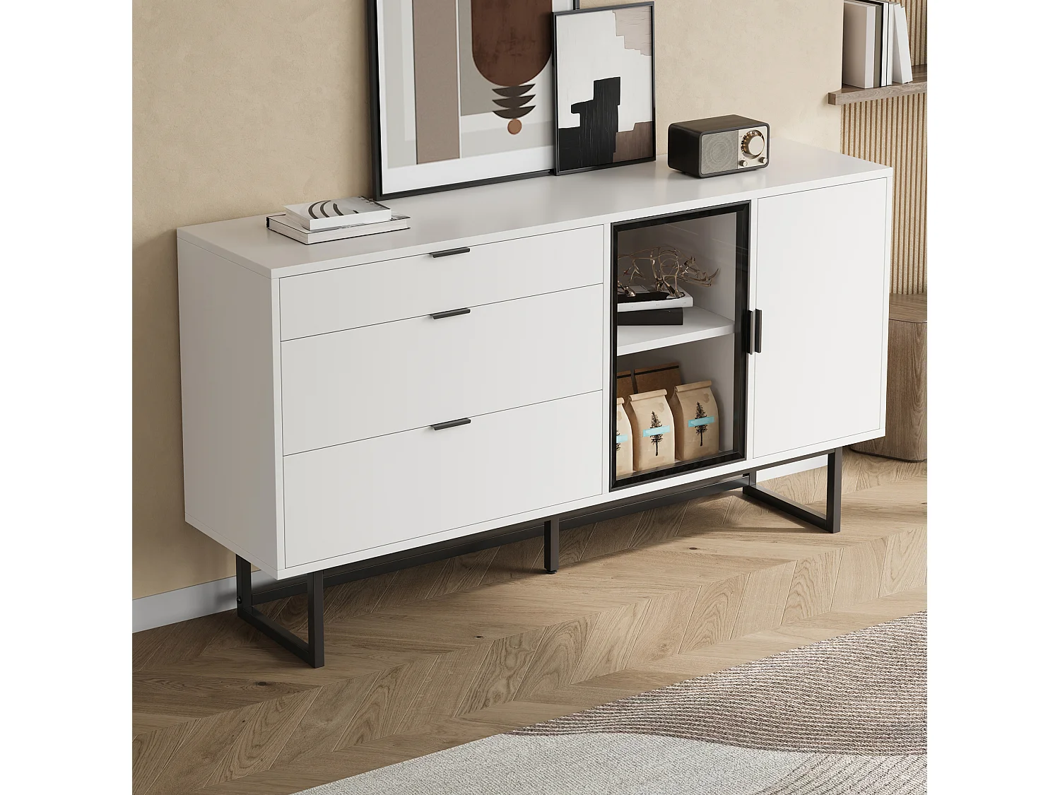 Buffet moderne et luxueux - 160 x 36 x 78 cm - avec 3 tiroirs + portes vitrées + Leds - MDF + aggloméré - blanc