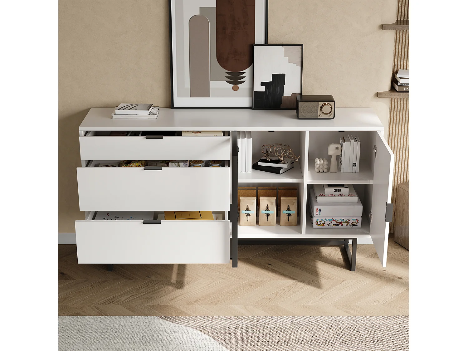 Buffet moderne et luxueux - 160 x 36 x 78 cm - avec 3 tiroirs + portes vitrées + Leds - MDF + aggloméré - blanc