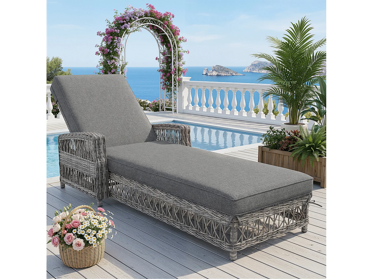 Leżak rattanowy (1 szt.) - 192 x 70 x 58 cm - z regulowanym oparciem + zdejmowana poduszka - metal + tworzywo sztuczne - szary