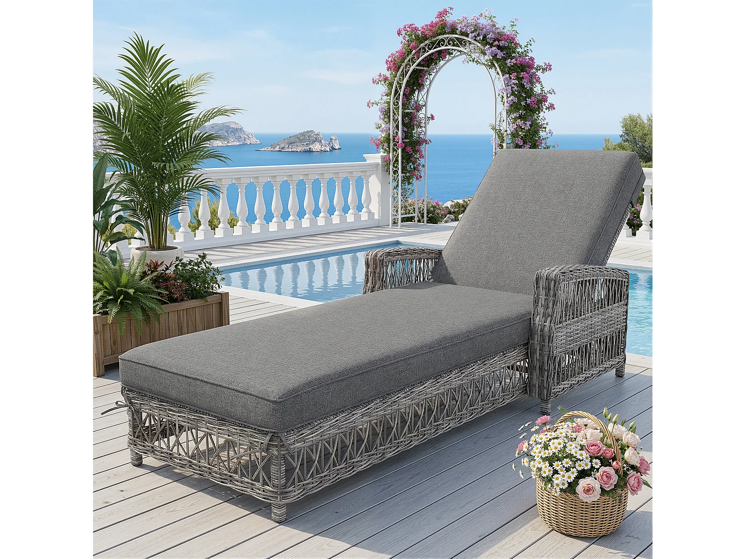 Leżak rattanowy (1 szt.) - 192 x 70 x 58 cm - z regulowanym oparciem + zdejmowana poduszka - metal + tworzywo sztuczne - szary