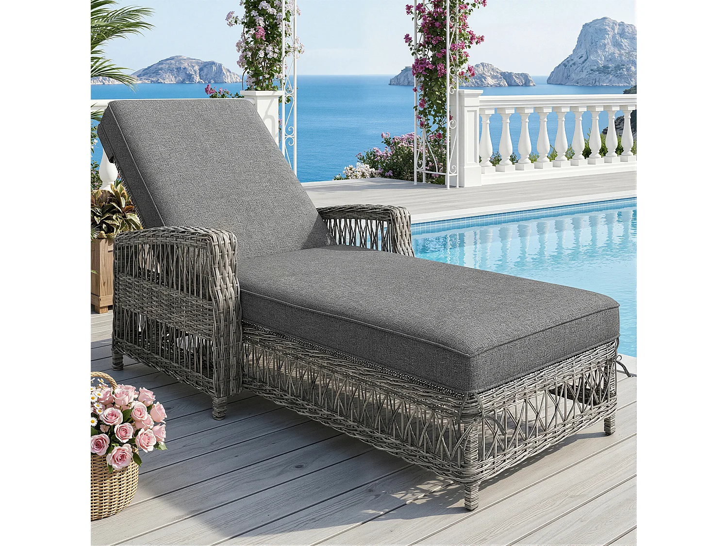 Leżak rattanowy (1 szt.) - 192 x 70 x 58 cm - z regulowanym oparciem + zdejmowana poduszka - metal + tworzywo sztuczne - szary