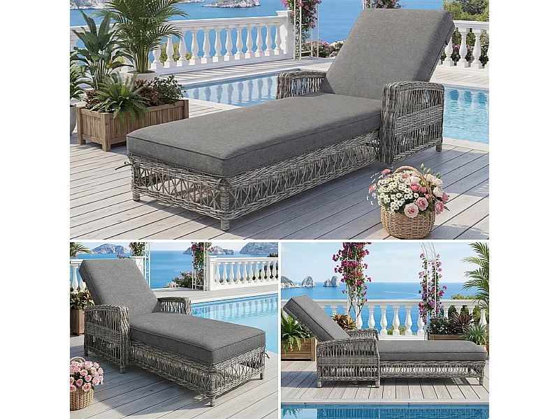 Leżak rattanowy (1 szt.) - 192 x 70 x 58 cm - z regulowanym oparciem + zdejmowana poduszka - metal + tworzywo sztuczne - szary