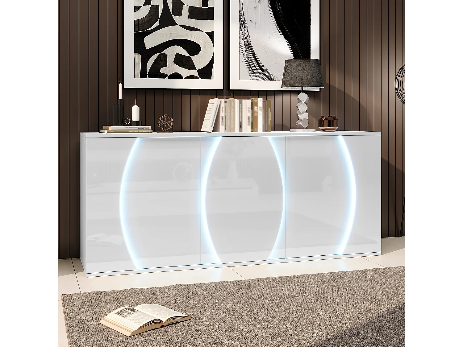 Buffet de salon laqué brillant - 150 x 40 x 70 cm - avec 3 portes + Leds - panneaux de particules - blanc