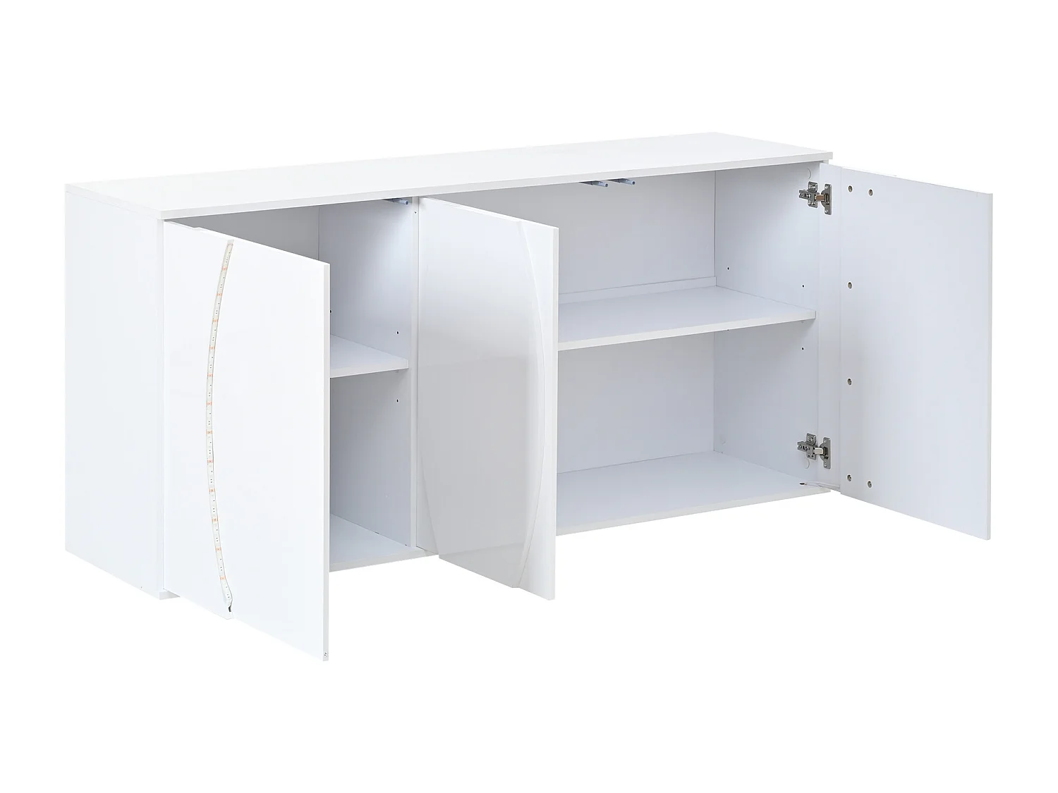 Buffet de salon laqué brillant - 150 x 40 x 70 cm - avec 3 portes + Leds - panneaux de particules - blanc