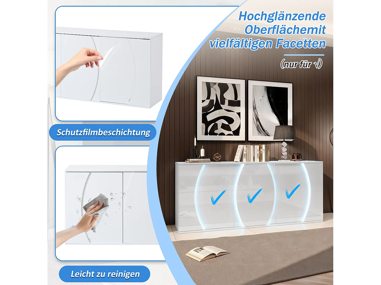 Buffet de salon laqué brillant - 150 x 40 x 70 cm - avec 3 portes + Leds - panneaux de particules - blanc