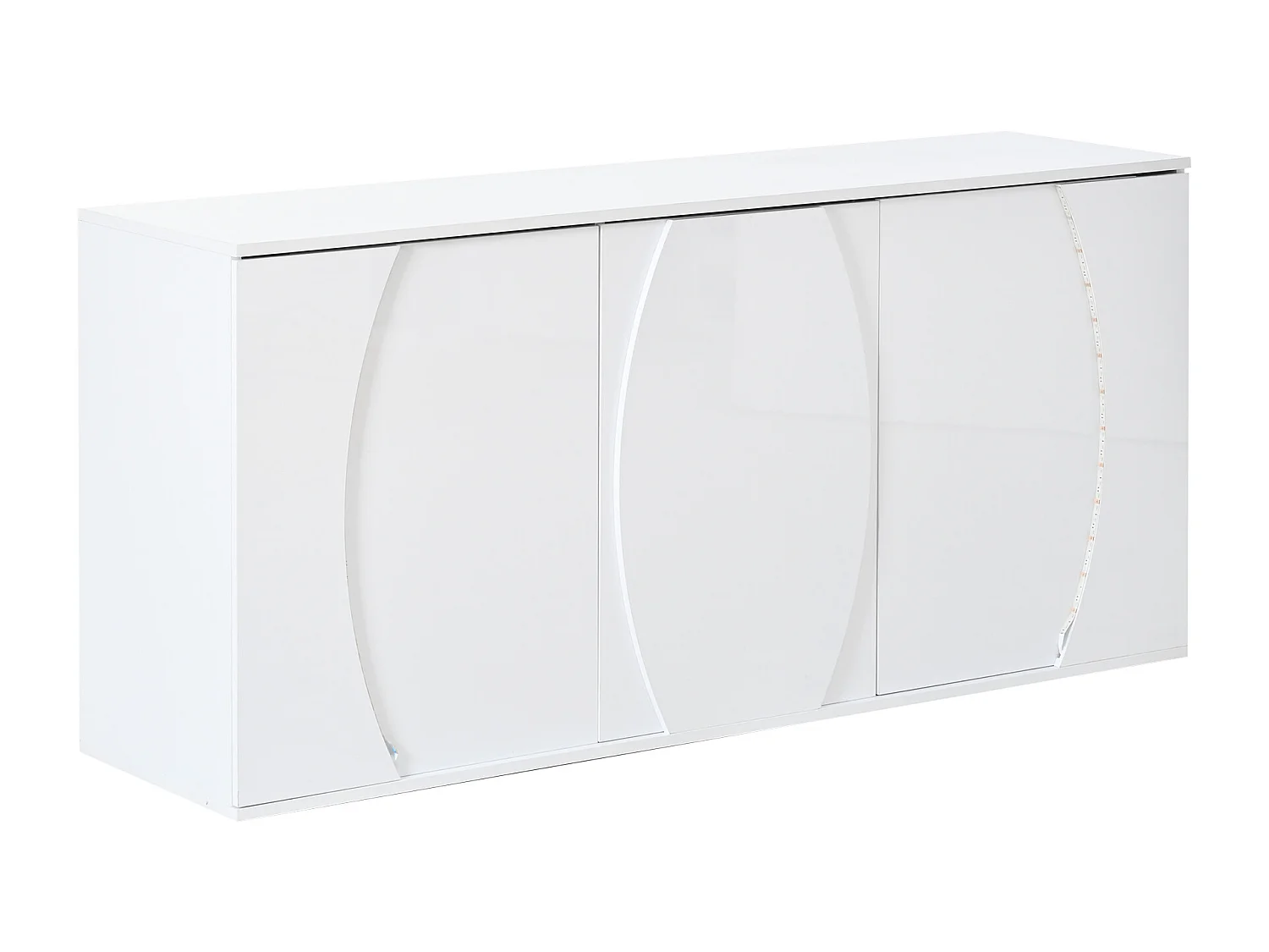 Buffet de salon laqué brillant - 150 x 40 x 70 cm - avec 3 portes + Leds - panneaux de particules - blanc
