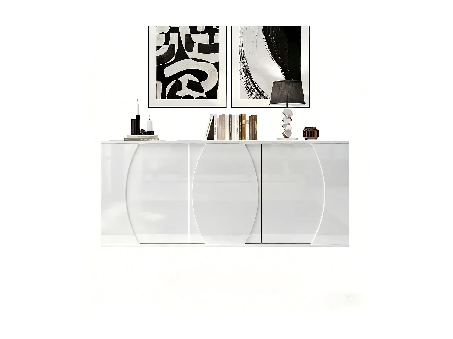 Buffet de salon laqué brillant - 150 x 40 x 70 cm - avec 3 portes + Leds - panneaux de particules - blanc