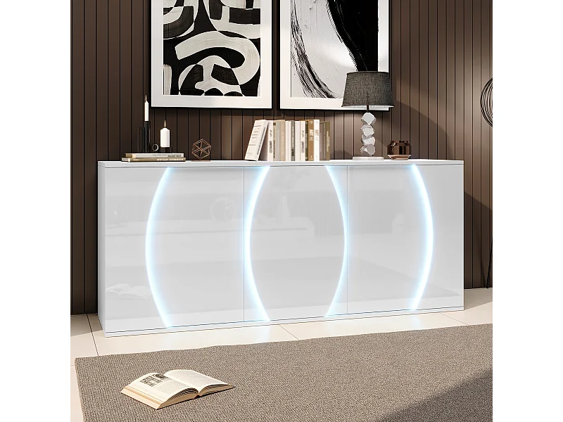 Buffet de salon laqué brillant - 150 x 40 x 70 cm - avec 3 portes + Leds - panneaux de particules - blanc