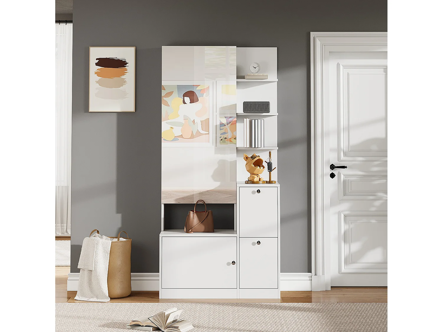 Flurschrank/Eingangsbereich – 85 x 40 x 180 cm – mit Spiegel, Schuhregal, 2 Türen und 5 Einlegeböden – Spanplatte – weiß