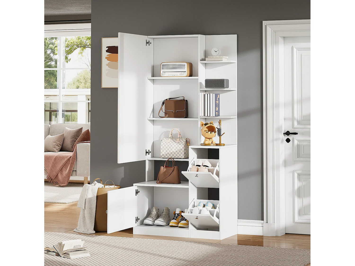 Flurschrank/Eingangsbereich – 85 x 40 x 180 cm – mit Spiegel, Schuhregal, 2 Türen und 5 Einlegeböden – Spanplatte – weiß