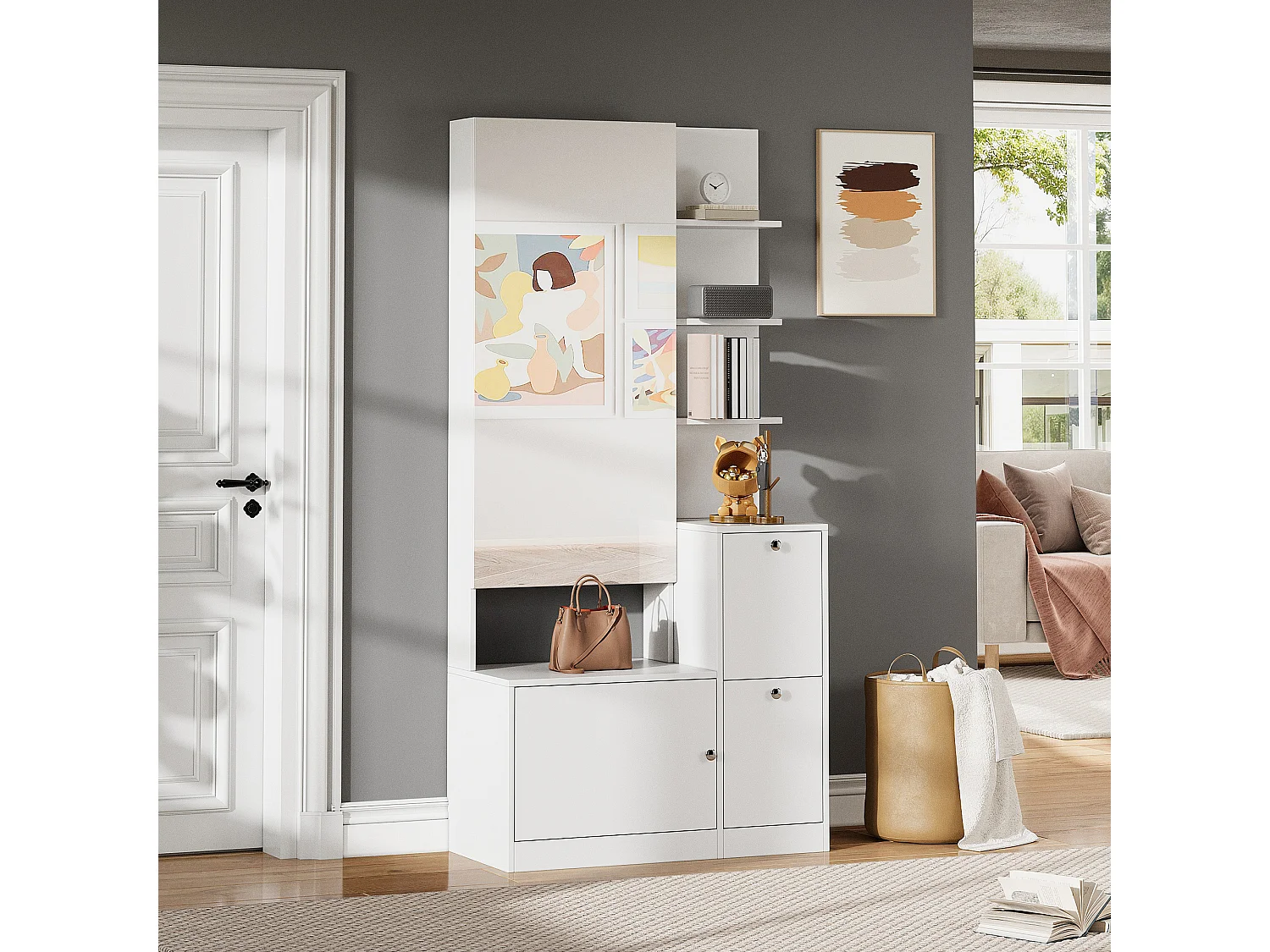 Flurschrank/Eingangsbereich – 85 x 40 x 180 cm – mit Spiegel, Schuhregal, 2 Türen und 5 Einlegeböden – Spanplatte – weiß