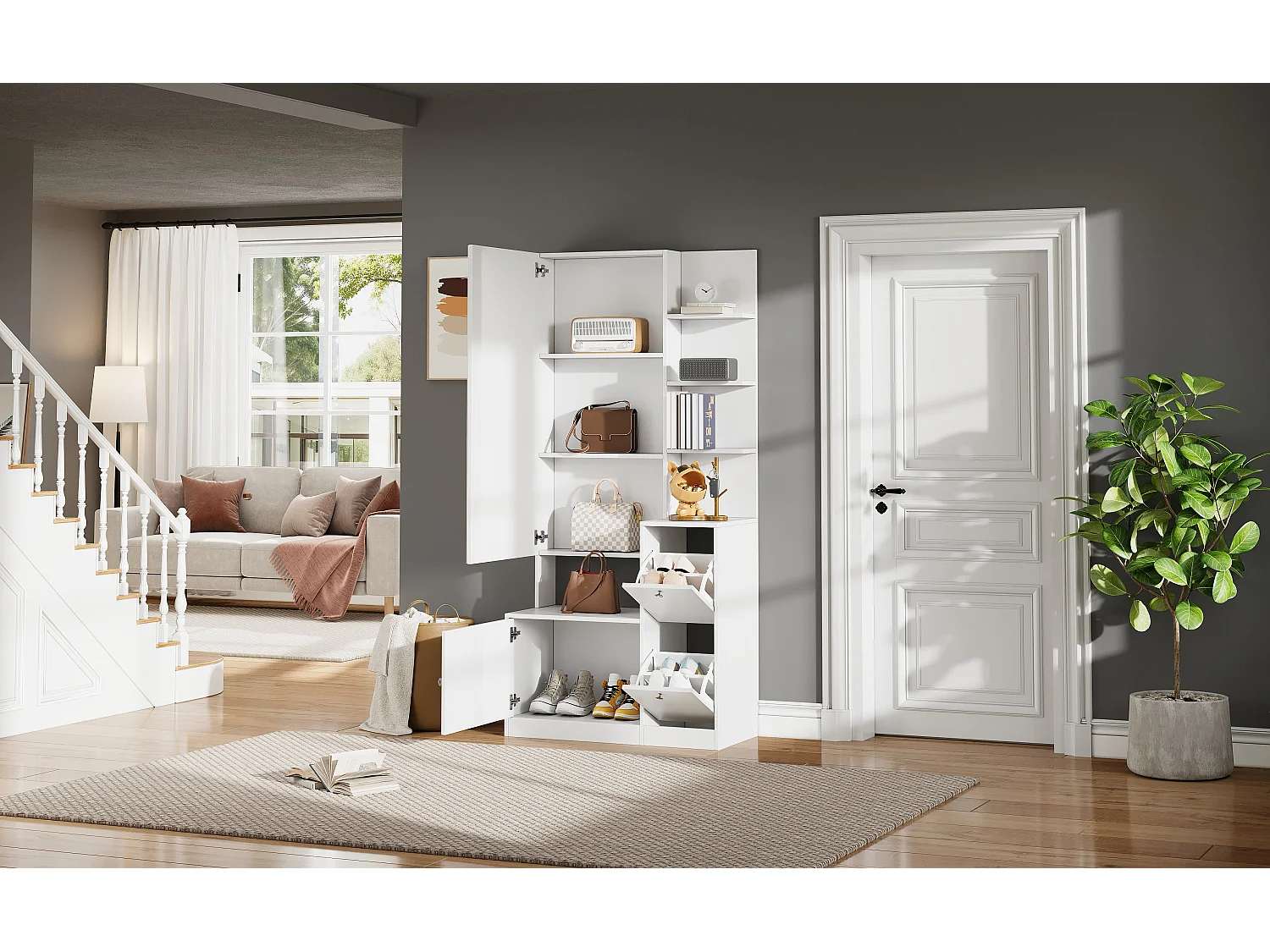 Flurschrank/Eingangsbereich – 85 x 40 x 180 cm – mit Spiegel, Schuhregal, 2 Türen und 5 Einlegeböden – Spanplatte – weiß