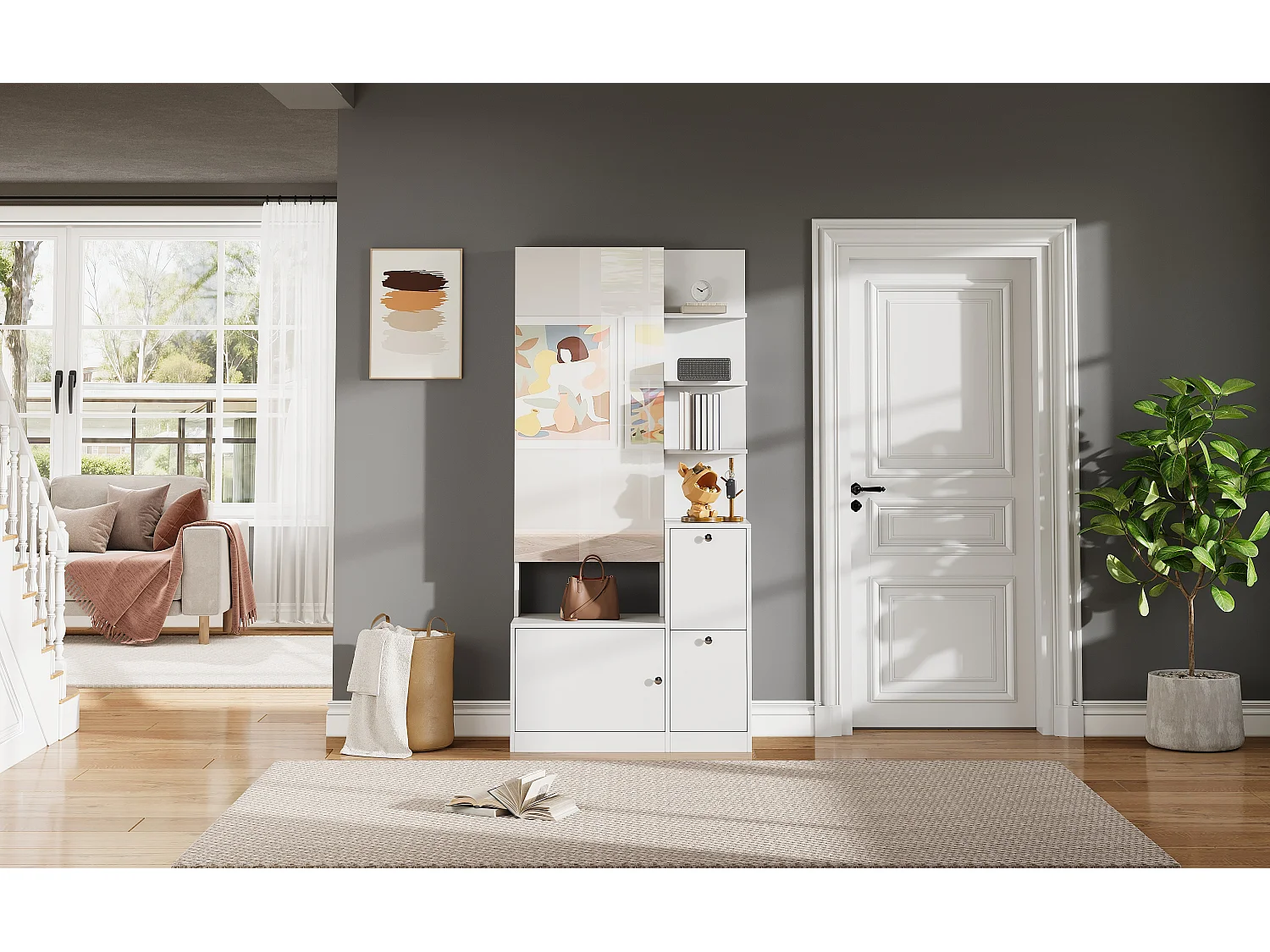 Flurschrank/Eingangsbereich – 85 x 40 x 180 cm – mit Spiegel, Schuhregal, 2 Türen und 5 Einlegeböden – Spanplatte – weiß