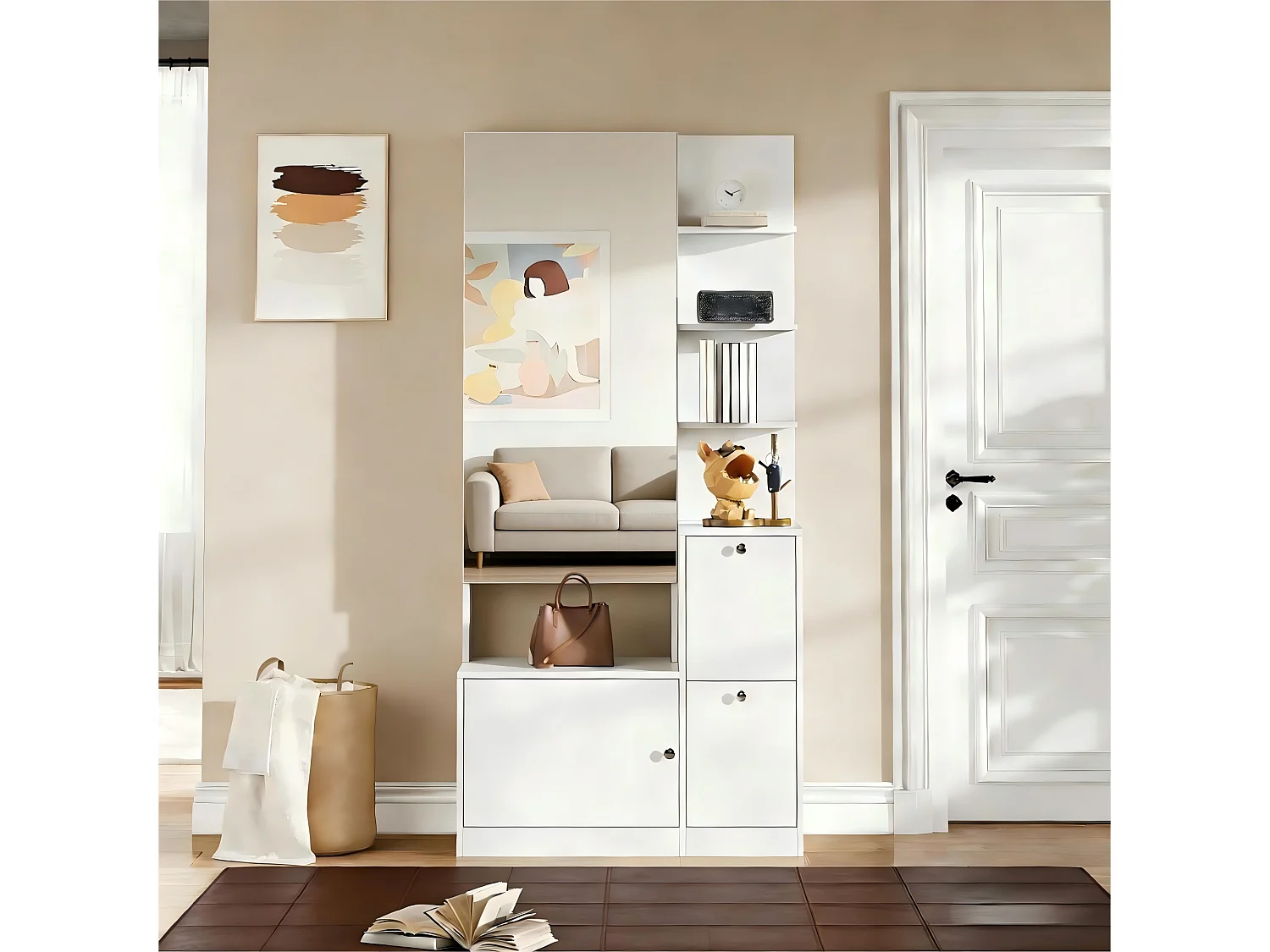 Flurschrank/Eingangsbereich – 85 x 40 x 180 cm – mit Spiegel, Schuhregal, 2 Türen und 5 Einlegeböden – Spanplatte – weiß