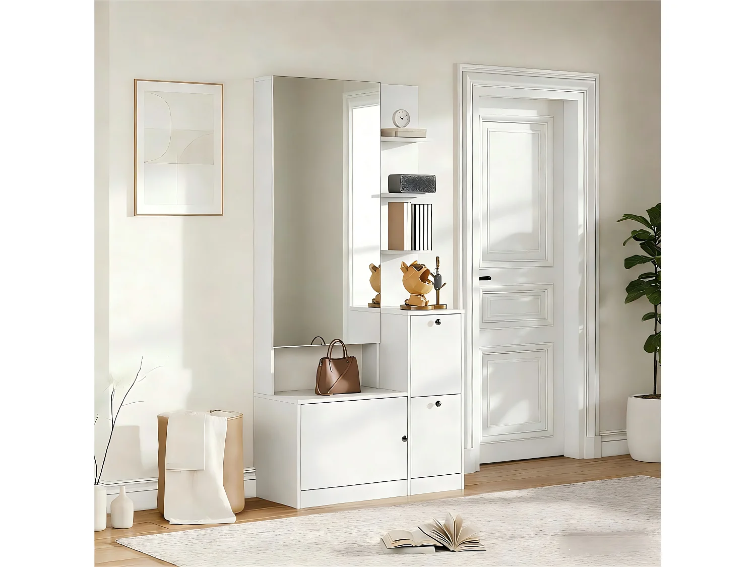 Flurschrank/Eingangsbereich – 85 x 40 x 180 cm – mit Spiegel, Schuhregal, 2 Türen und 5 Einlegeböden – Spanplatte – weiß