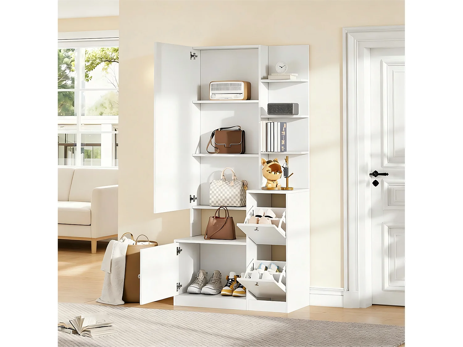 Flurschrank/Eingangsbereich – 85 x 40 x 180 cm – mit Spiegel, Schuhregal, 2 Türen und 5 Einlegeböden – Spanplatte – weiß