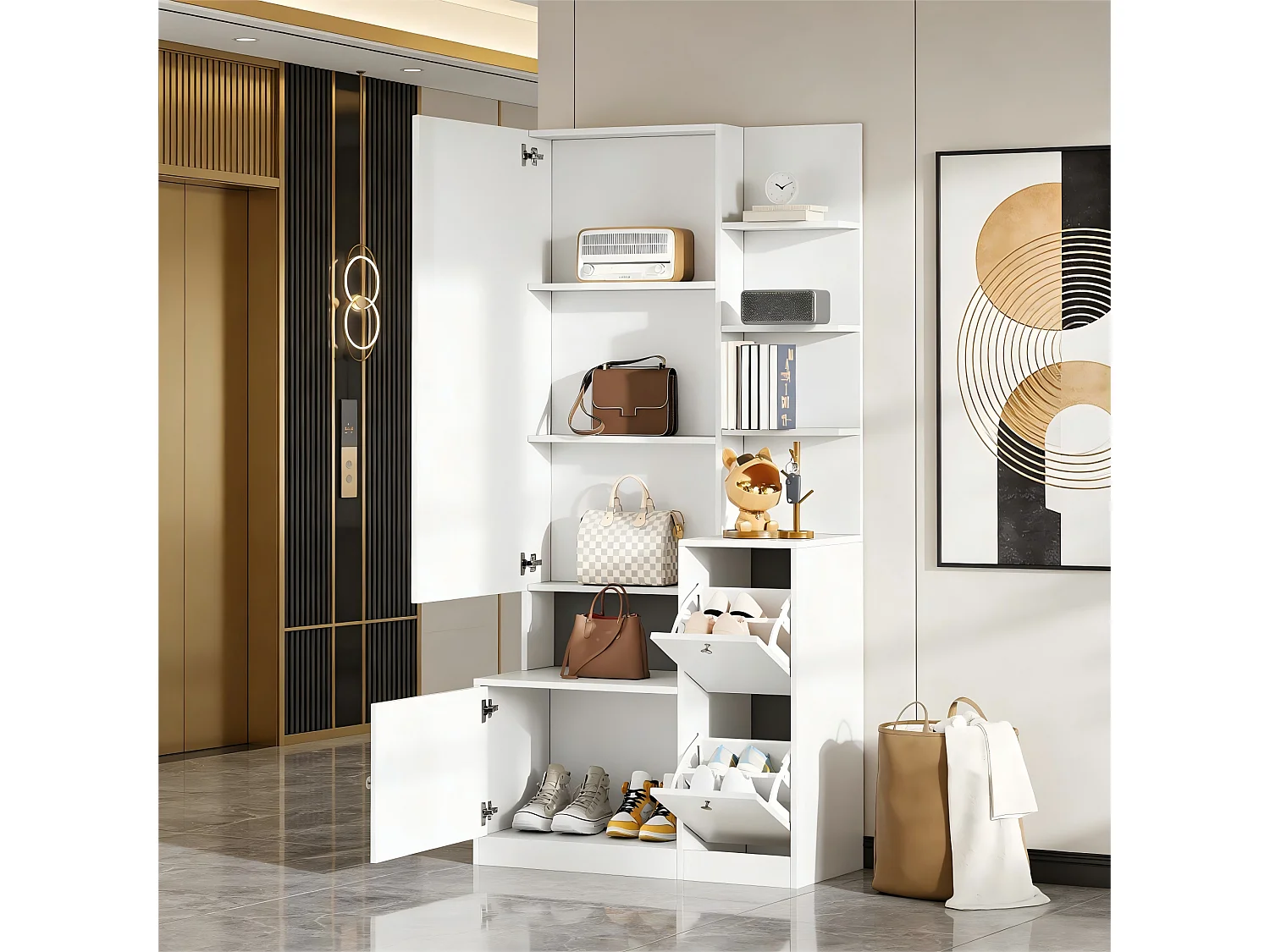 Flurschrank/Eingangsbereich – 85 x 40 x 180 cm – mit Spiegel, Schuhregal, 2 Türen und 5 Einlegeböden – Spanplatte – weiß