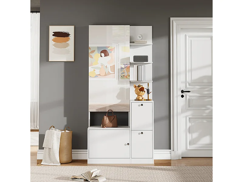 Flurschrank/Eingangsbereich – 85 x 40 x 180 cm – mit Spiegel, Schuhregal, 2 Türen und 5 Einlegeböden – Spanplatte – weiß