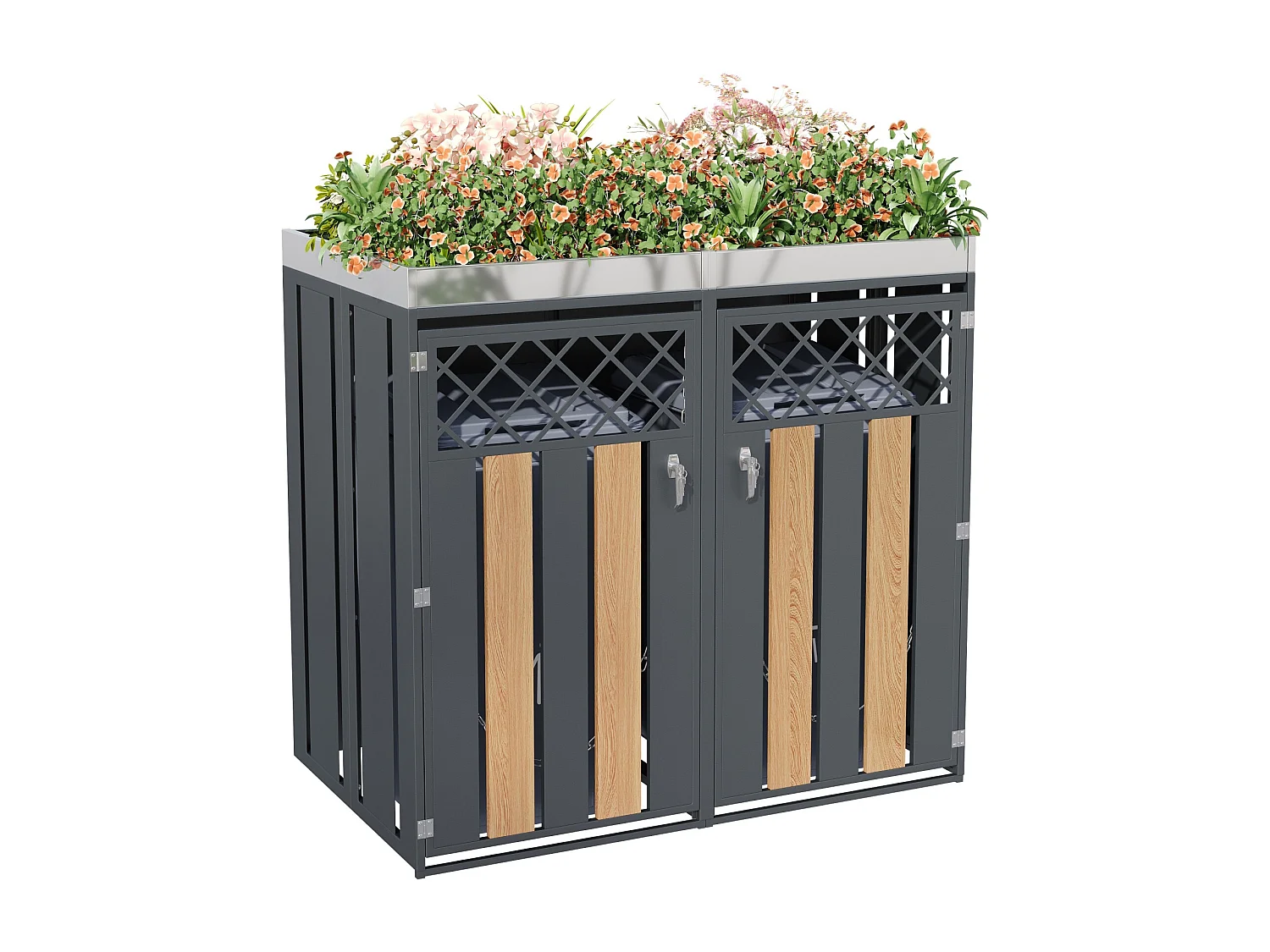 Boîtier pour poubelle avec trous de ventilation - 132 x 80 x 124.5 cm - avec 2 portes - métal - gris