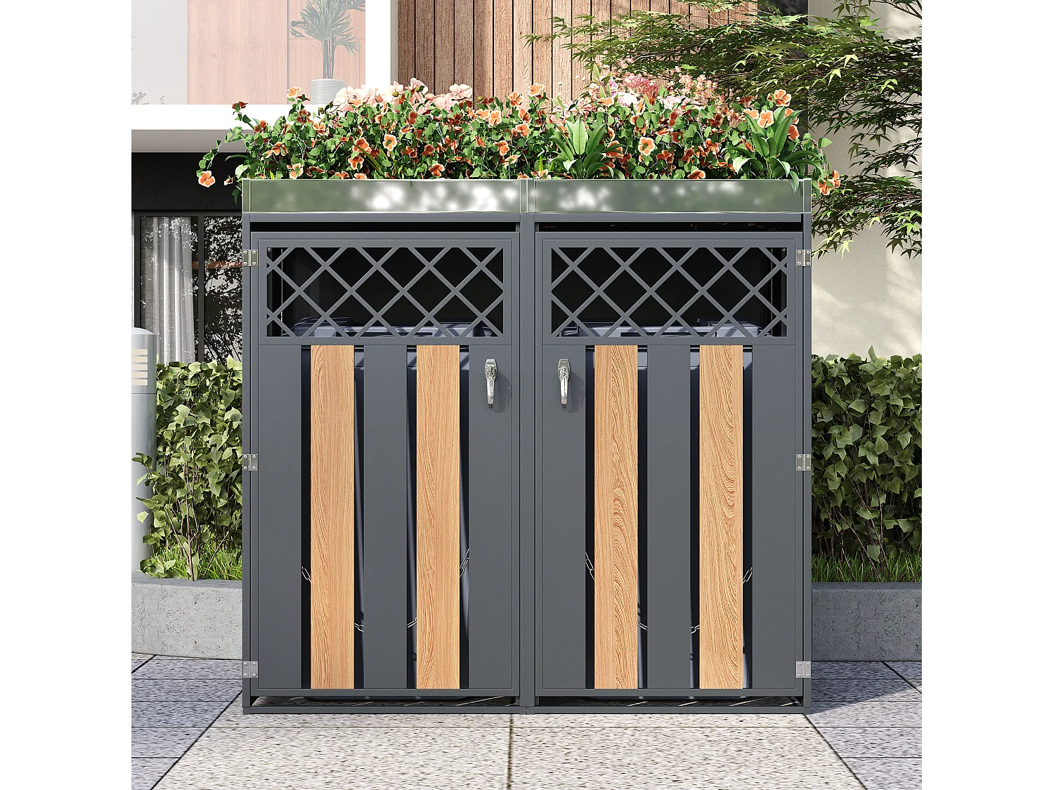 Boîtier pour poubelle avec trous de ventilation - 132 x 80 x 124.5 cm - avec 2 portes - métal - gris