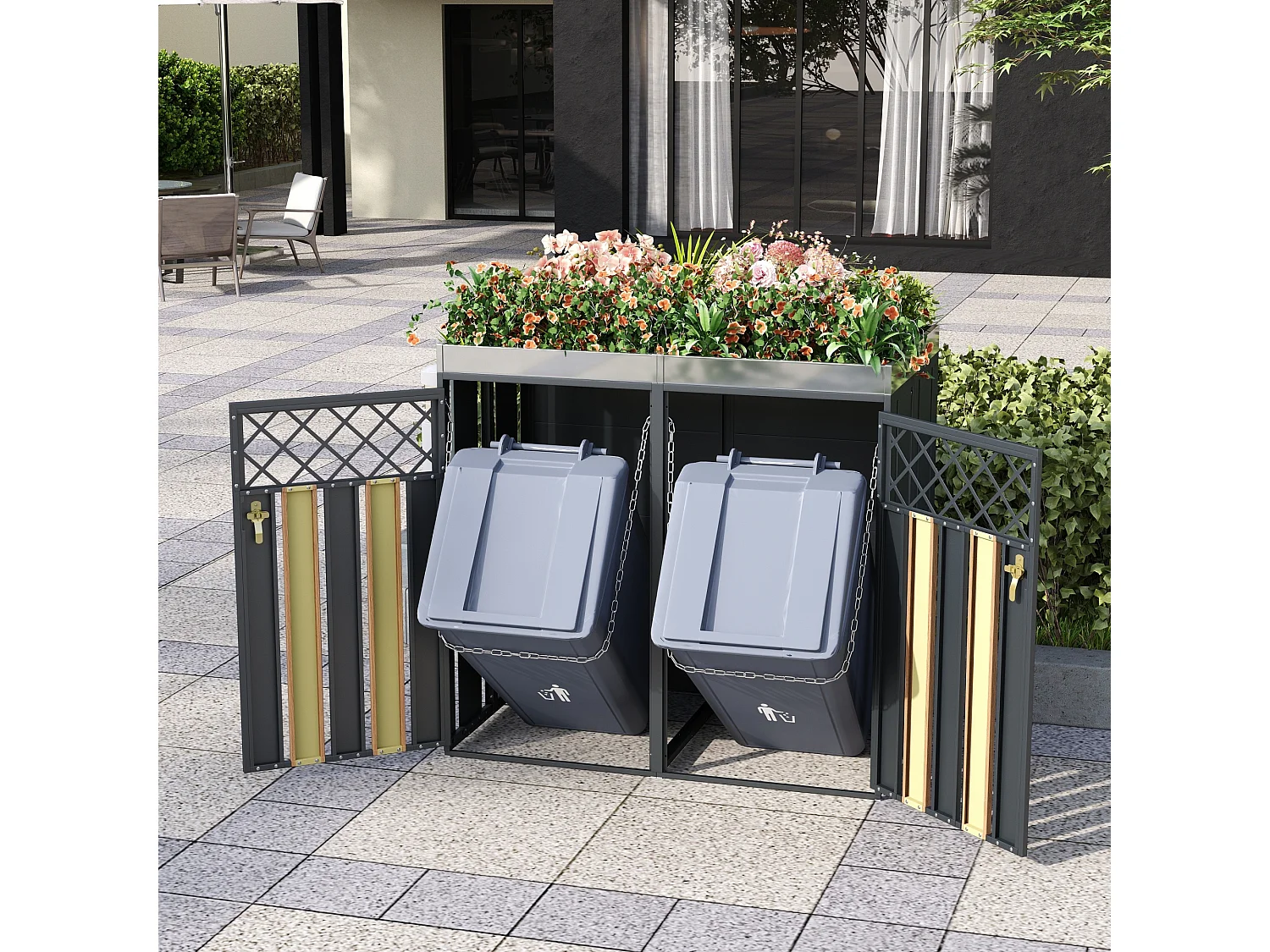 Boîtier pour poubelle avec trous de ventilation - 132 x 80 x 124.5 cm - avec 2 portes - métal - gris