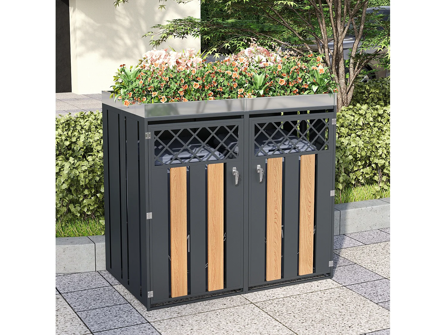 Boîtier pour poubelle avec trous de ventilation - 132 x 80 x 124.5 cm - avec 2 portes - métal - gris