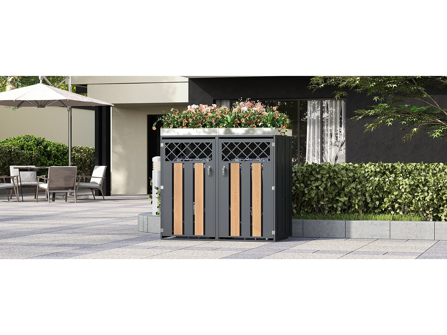 Boîtier pour poubelle avec trous de ventilation - 132 x 80 x 124.5 cm - avec 2 portes - métal - gris