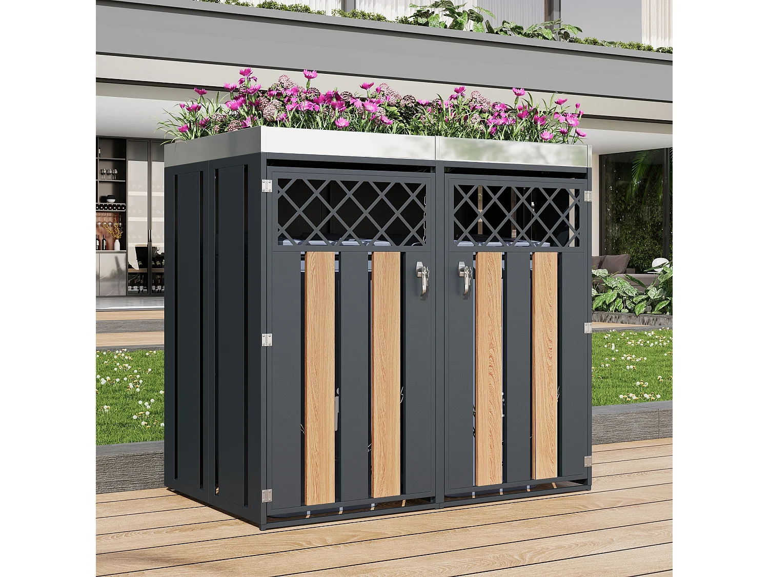 Boîtier pour poubelle avec trous de ventilation - 132 x 80 x 124.5 cm - avec 2 portes - métal - gris