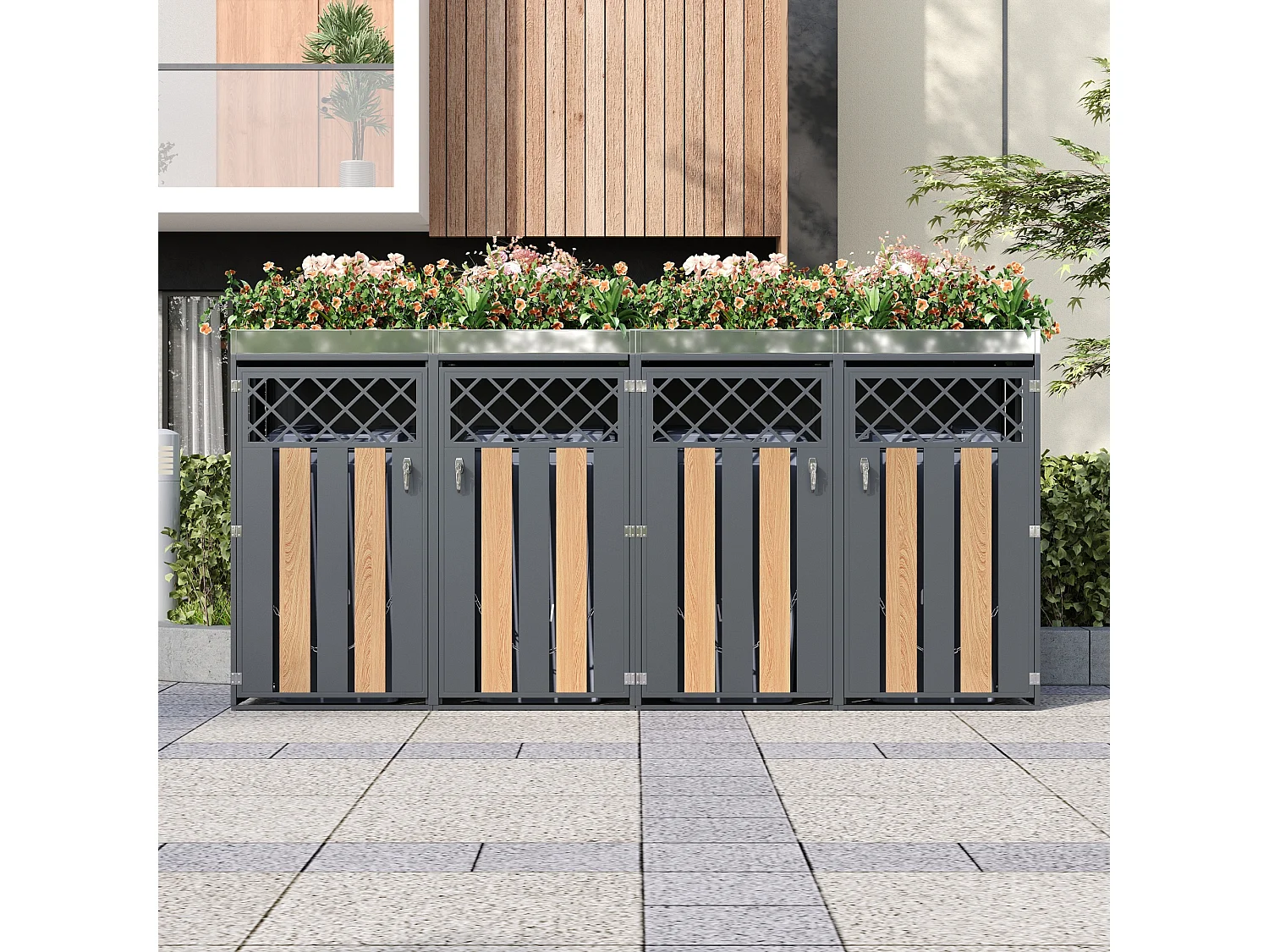 Boîtier pour poubelle avec trous de ventilation - 2 x 132 x 80 x 124.5 cm - avec 2 portes - métal - gris