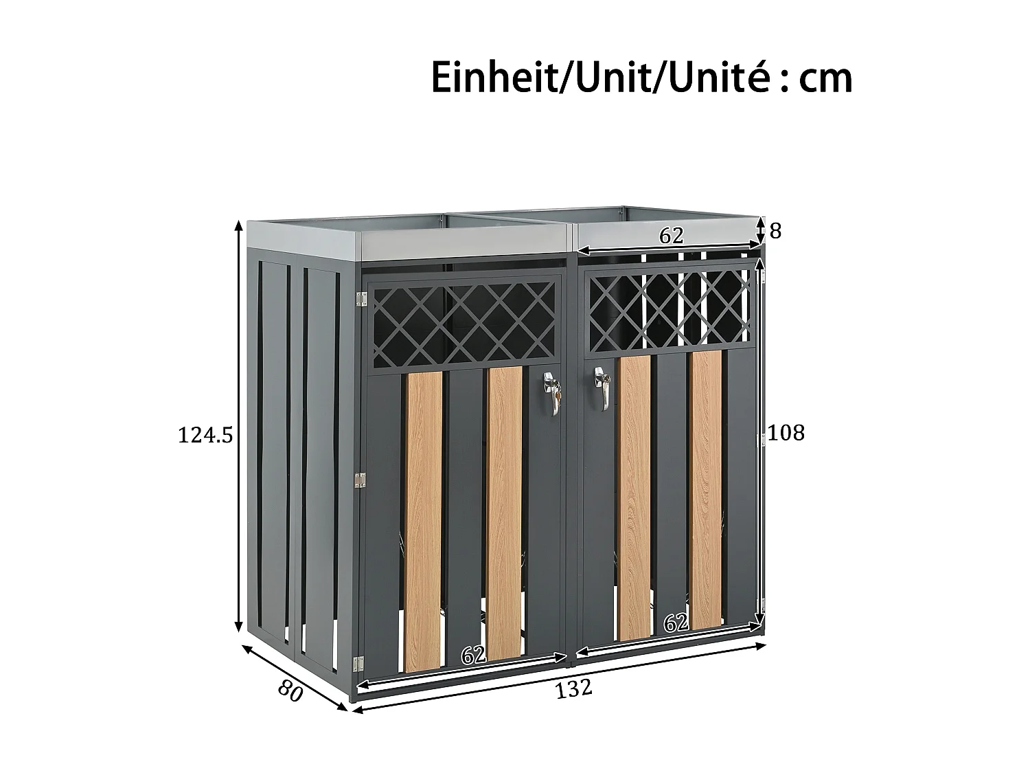 Boîtier pour poubelle avec trous de ventilation - 2 x 132 x 80 x 124.5 cm - avec 2 portes - métal - gris