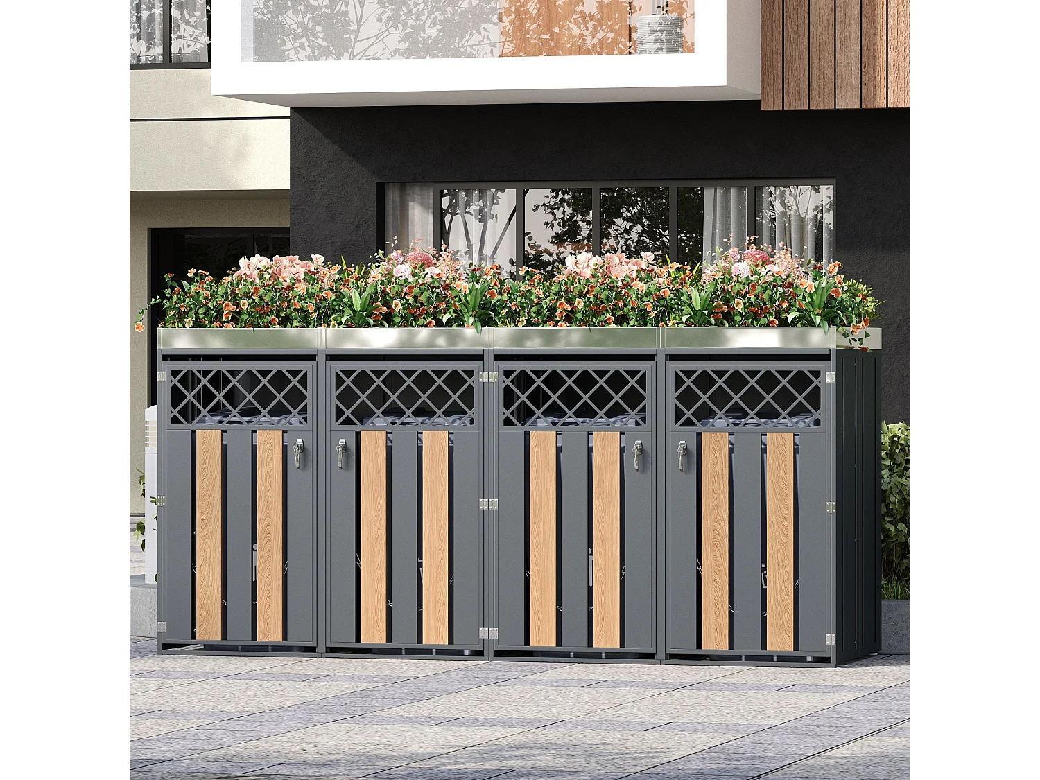 Boîtier pour poubelle avec trous de ventilation - 2 x 132 x 80 x 124.5 cm - avec 2 portes - métal - gris