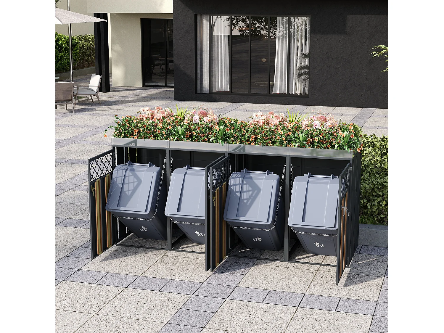 Boîtier pour poubelle avec trous de ventilation - 2 x 132 x 80 x 124.5 cm - avec 2 portes - métal - gris