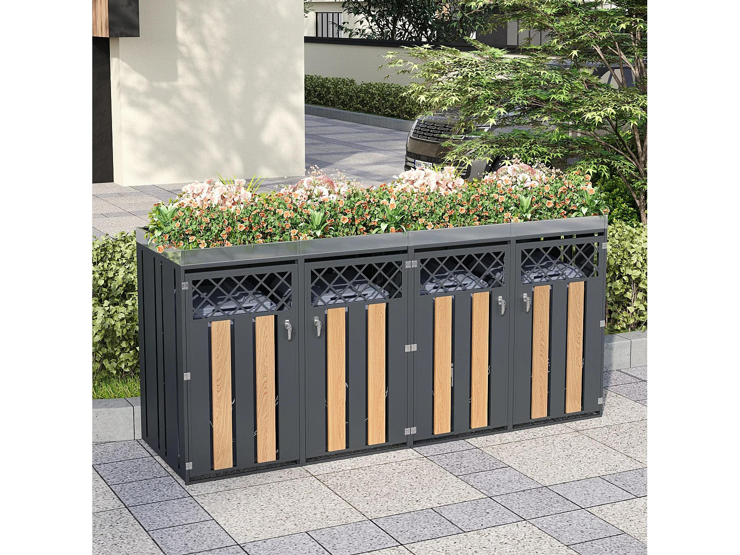 Boîtier pour poubelle avec trous de ventilation - 2 x 132 x 80 x 124.5 cm - avec 2 portes - métal - gris