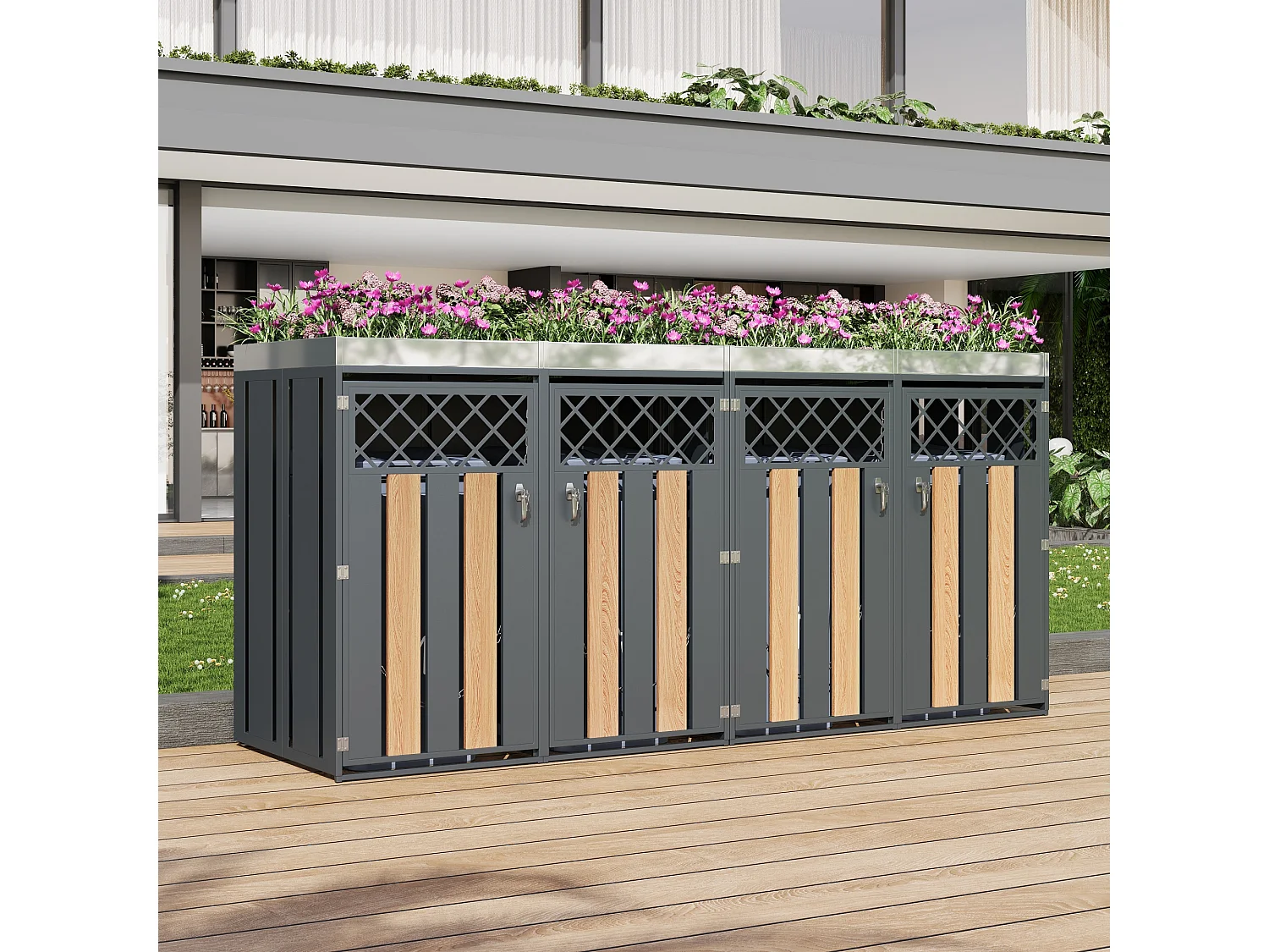 Boîtier pour poubelle avec trous de ventilation - 2 x 132 x 80 x 124.5 cm - avec 2 portes - métal - gris