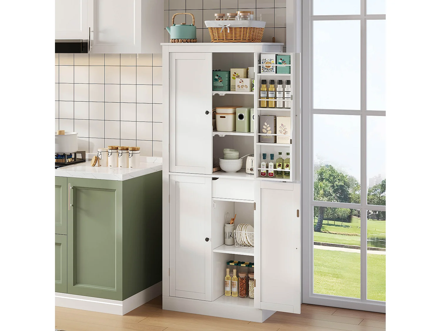 Buffet haut de cuisine - 182 x 40 x 75 cm - avec 4 portes + compartiments de rangement + tiroir - MDF - blanc