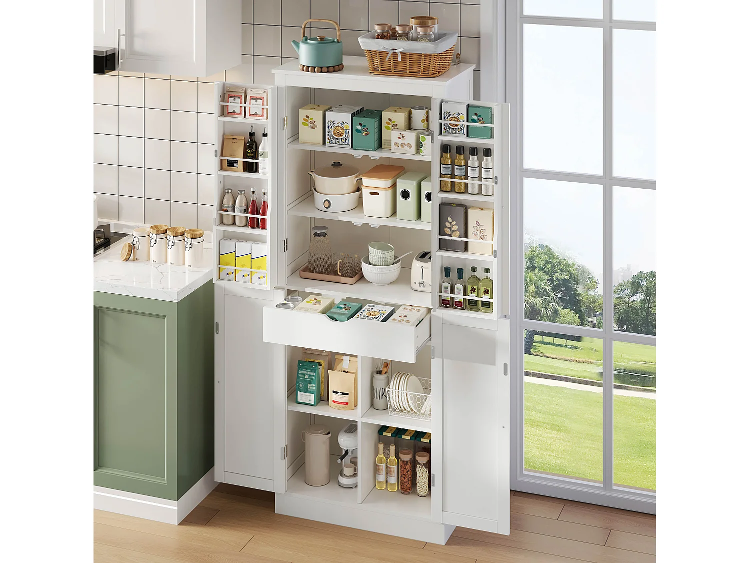 Buffet haut de cuisine - 182 x 40 x 75 cm - avec 4 portes + compartiments de rangement + tiroir - MDF - blanc
