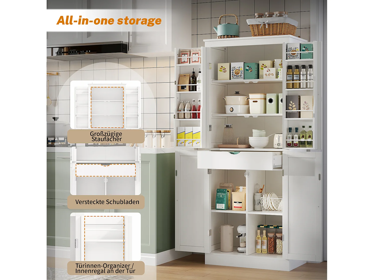 Buffet haut de cuisine - 182 x 40 x 75 cm - avec 4 portes + compartiments de rangement + tiroir - MDF - blanc