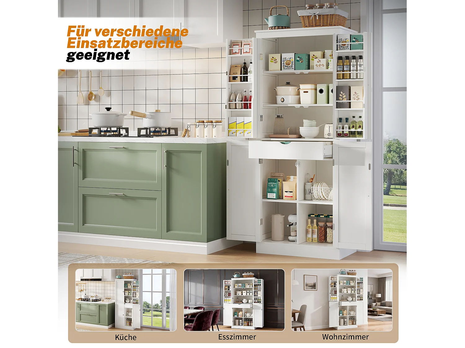 Buffet haut de cuisine - 182 x 40 x 75 cm - avec 4 portes + compartiments de rangement + tiroir - MDF - blanc