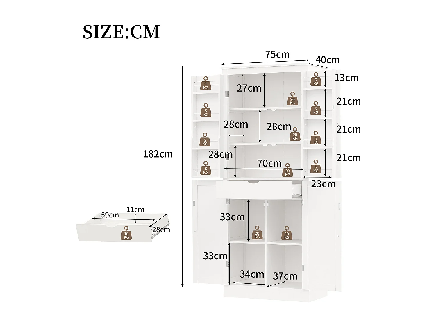 Buffet haut de cuisine - 182 x 40 x 75 cm - avec 4 portes + compartiments de rangement + tiroir - MDF - blanc