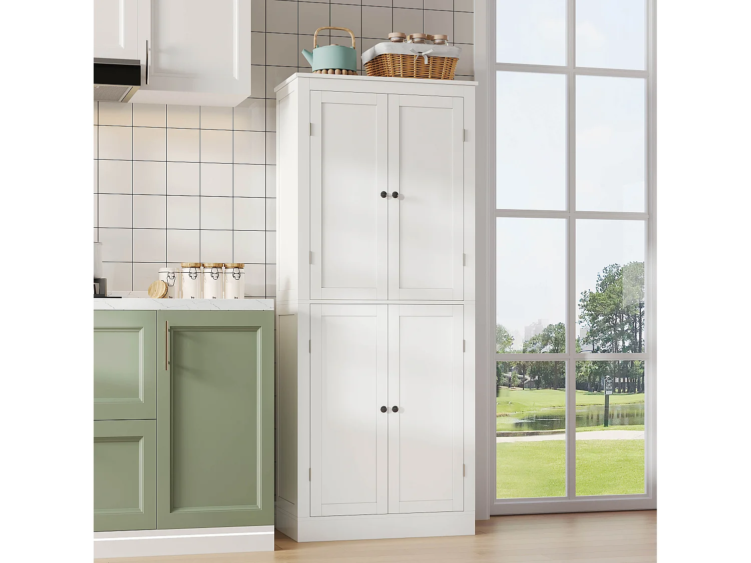 Buffet haut de cuisine - 182 x 40 x 75 cm - avec 4 portes + compartiments de rangement + tiroir - MDF - blanc