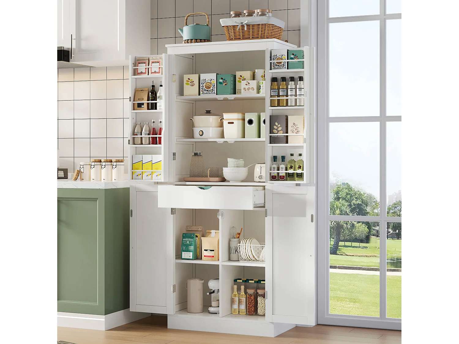 Buffet haut de cuisine - 182 x 40 x 75 cm - avec 4 portes + compartiments de rangement + tiroir - MDF - blanc