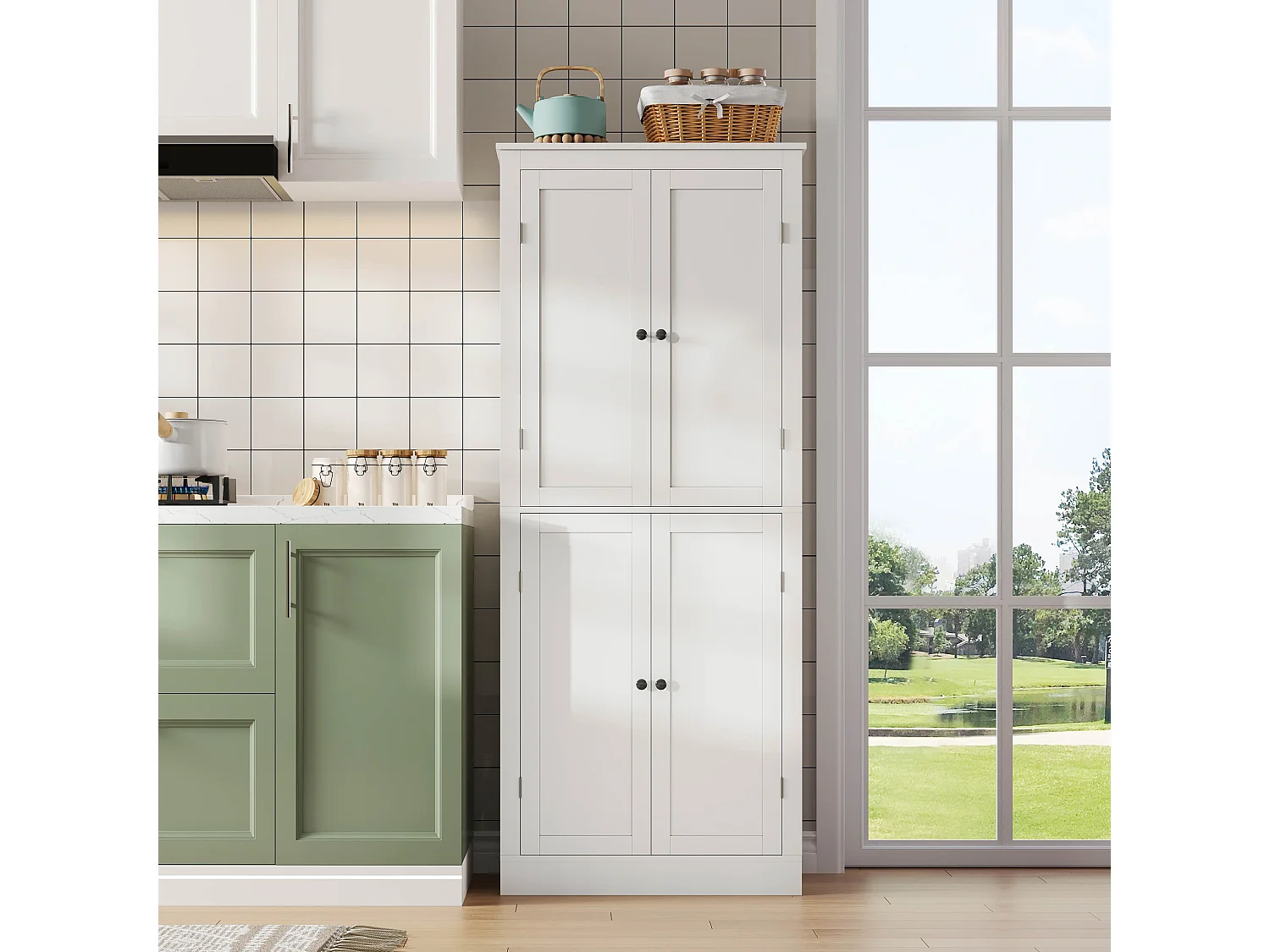 Buffet haut de cuisine - 182 x 40 x 75 cm - avec 4 portes + compartiments de rangement + tiroir - MDF - blanc
