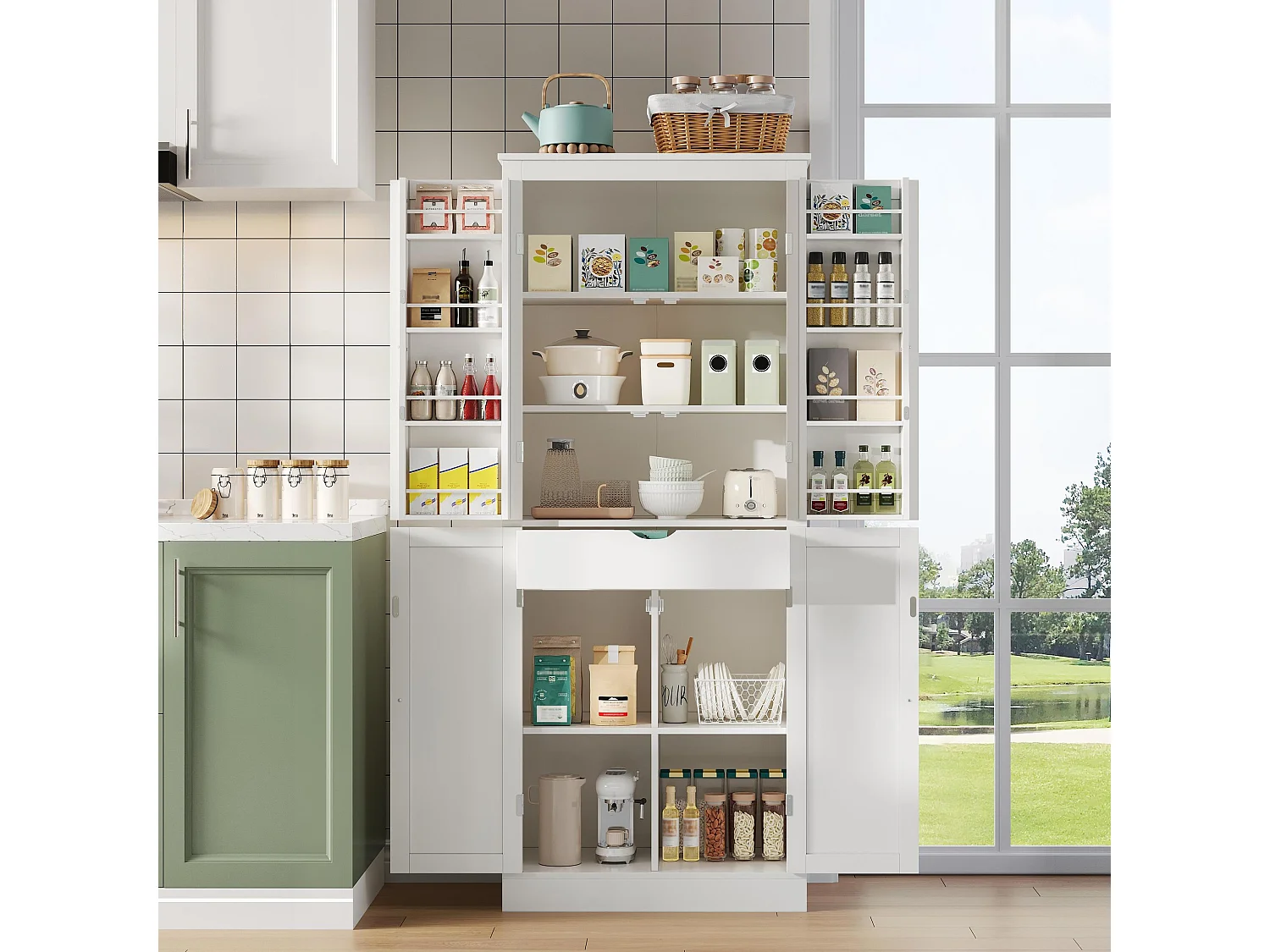 Buffet haut de cuisine - 182 x 40 x 75 cm - avec 4 portes + compartiments de rangement + tiroir - MDF - blanc