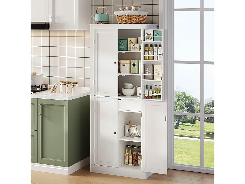 Hohes Küchen-Sideboard – 182 x 40 x 75 cm – mit 4 Türen, Staufächern und Schublade – MDF – weiß