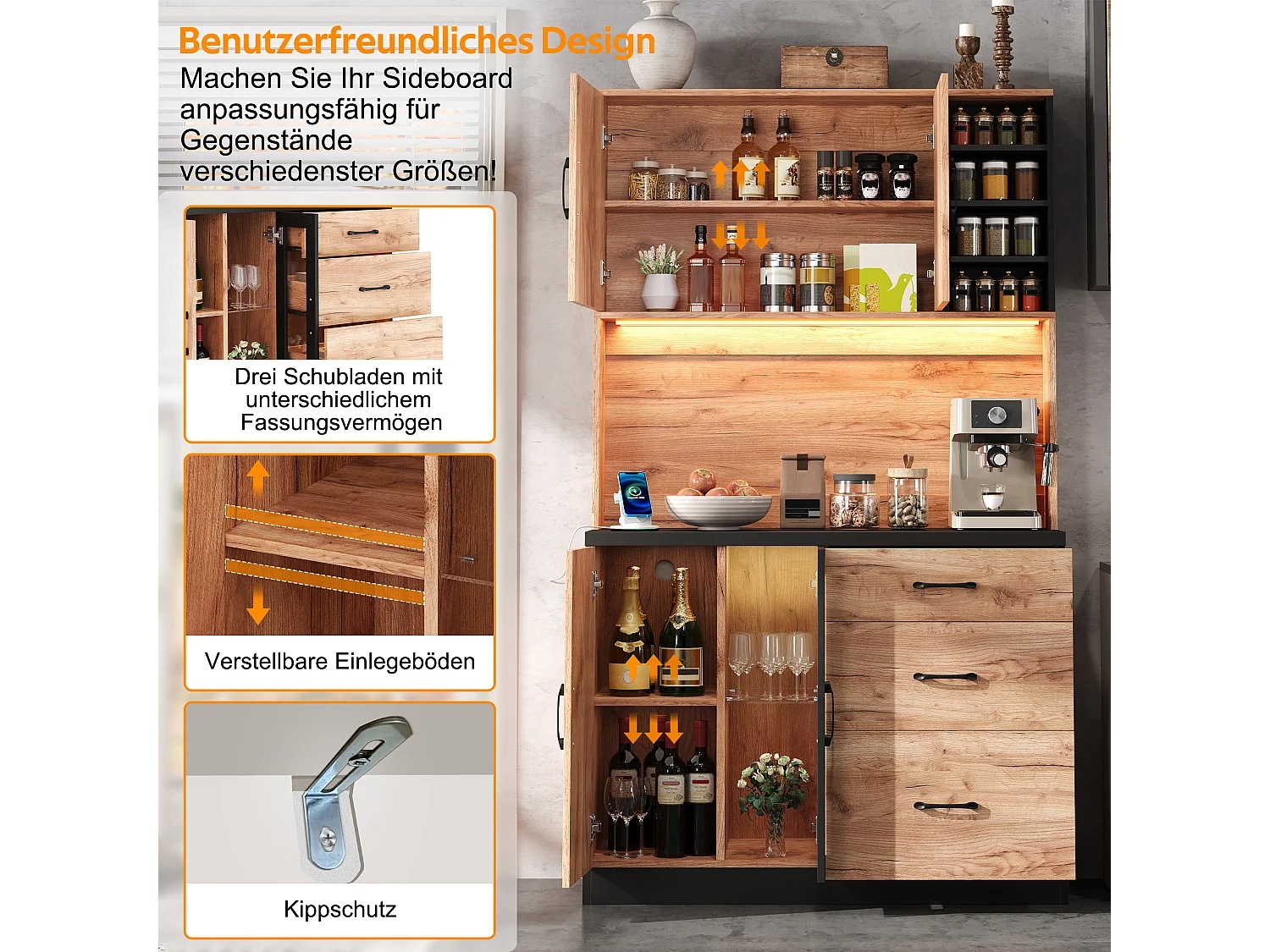 Modern keukendressoir - 105 x 40 x 180 cm - met LED-verlichting + planken + stopcontact + deuren + lades - MDF - naturel