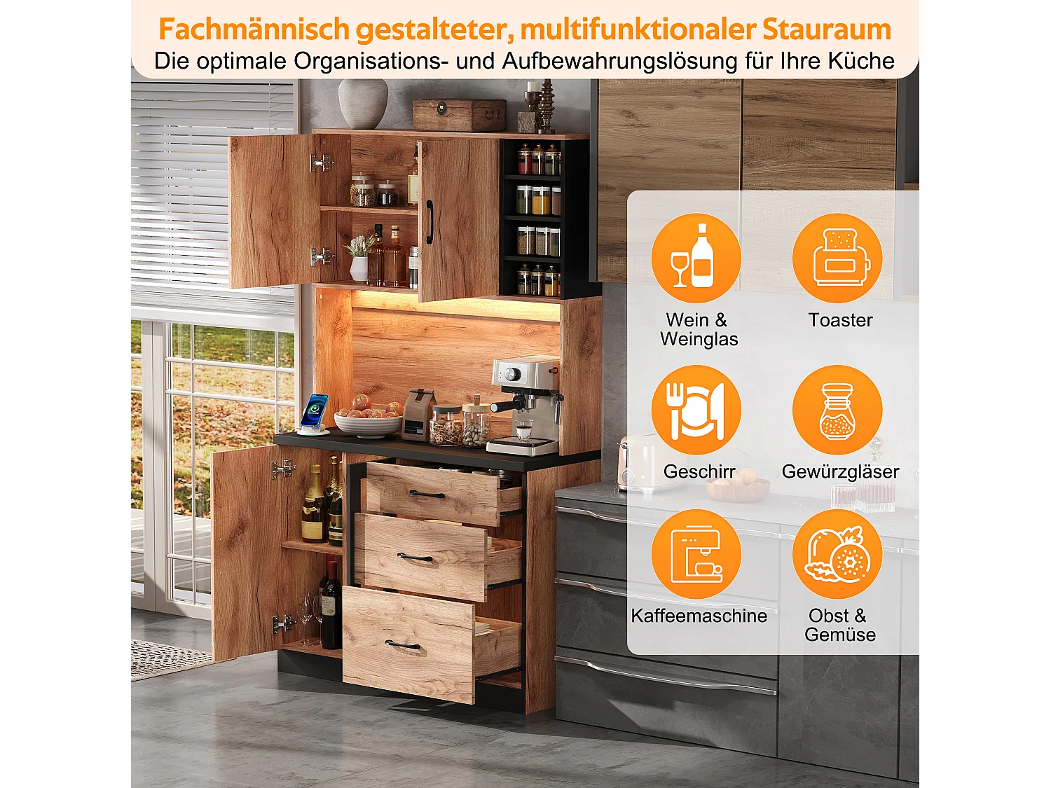 Modern keukendressoir - 105 x 40 x 180 cm - met LED-verlichting + planken + stopcontact + deuren + lades - MDF - naturel