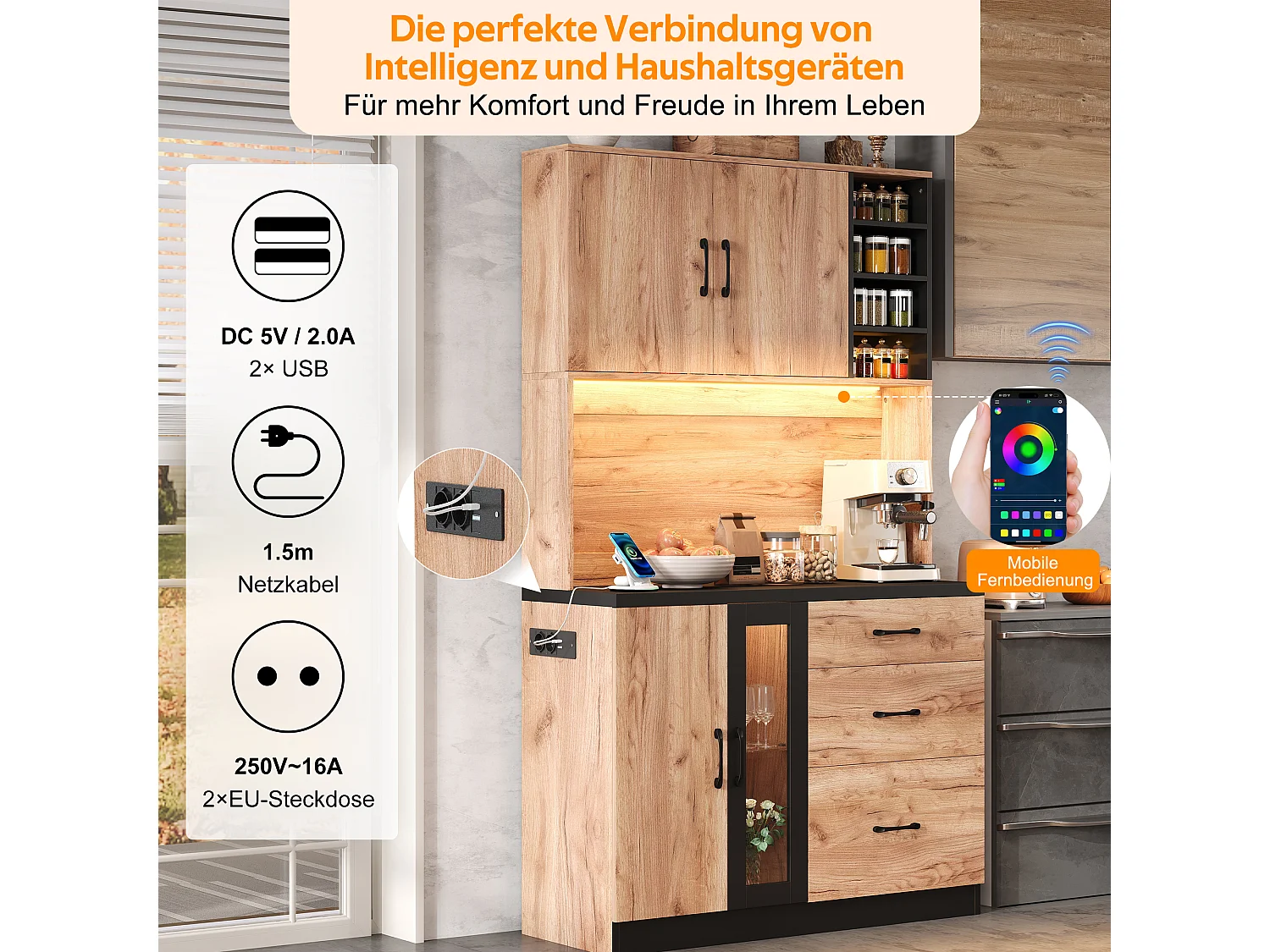 Modern keukendressoir - 105 x 40 x 180 cm - met LED-verlichting + planken + stopcontact + deuren + lades - MDF - naturel